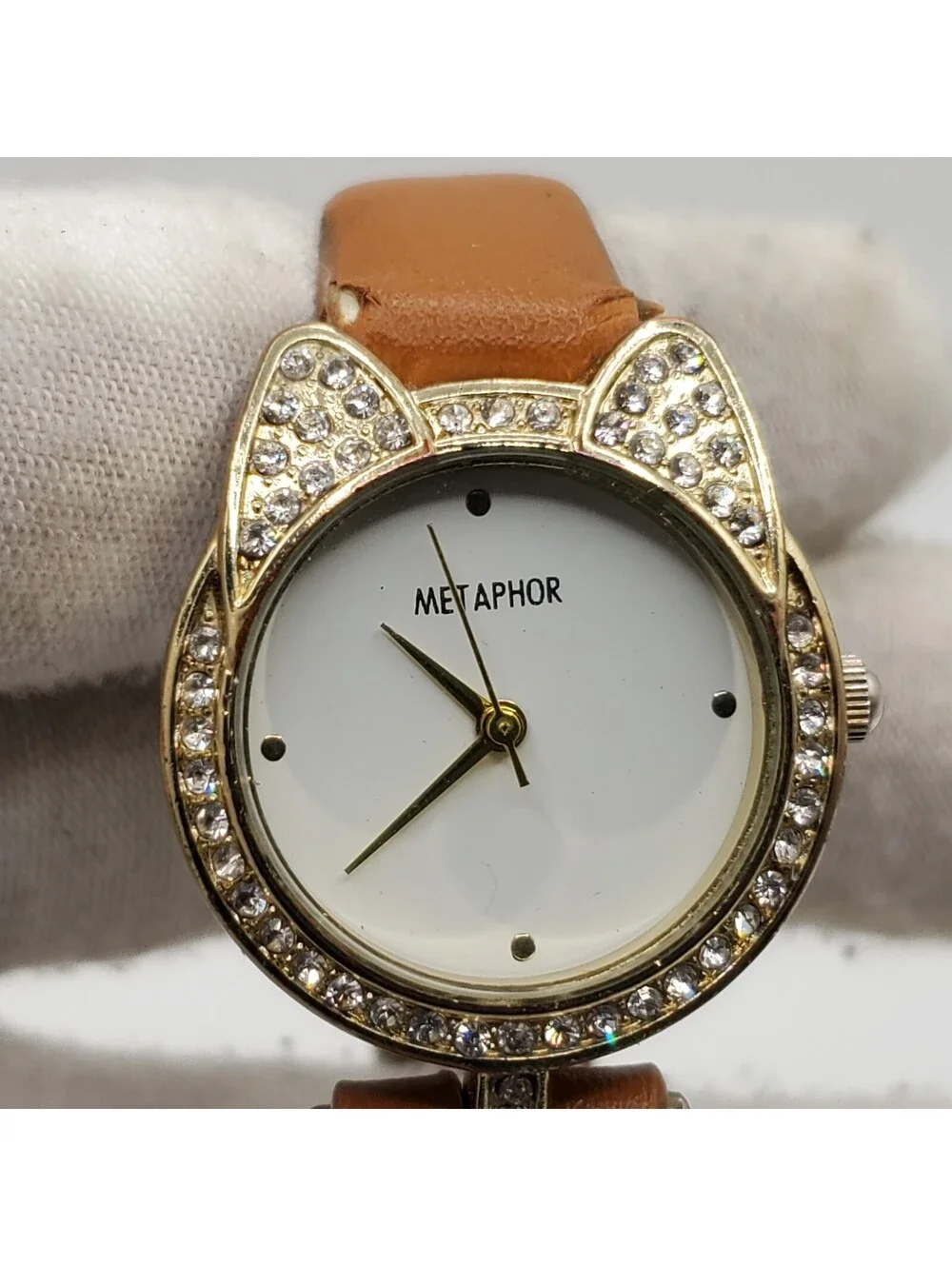 Metaphor Rhinestone Quartz Watch Women 26mm Gold Tone Brown Band New Battery